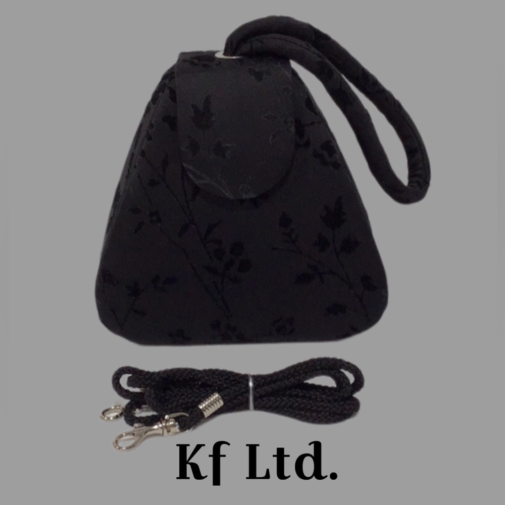 Kf Ltd. Black Velour Flocked Evening Bag w/Loop Handle & Braided Crossbody Strap